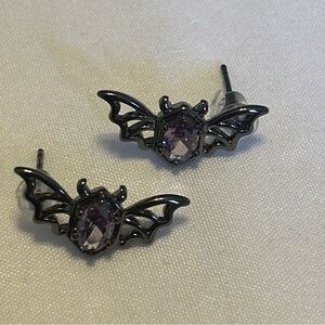 Gothic Emo Black/gray Metal W/ Purple Rhinestones BAT Pierced EARRINGS